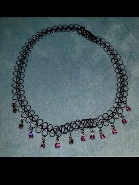 Set of 3 Black Tattoo Style Chokers Purple Crstal Y2K Goth Stretch Necklace